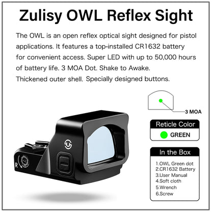 Zulisy OWL Full Size Green Dot Reflex Sight  for Viper Psa Dagger Doctor Footprint Pistol/Adapter Plate