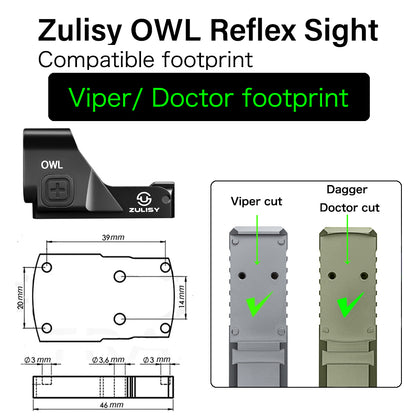 Zulisy OWL Full Size Green Dot Reflex Sight  for Viper Psa Dagger Doctor Footprint Pistol/Adapter Plate