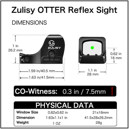 ZULISY OTTER Mini Green Dot Sight, 3 MOA Dot 1x21mm with RMS RMSc 407K Footprint, Side Battery Mount, 1 cliek 1 MOA