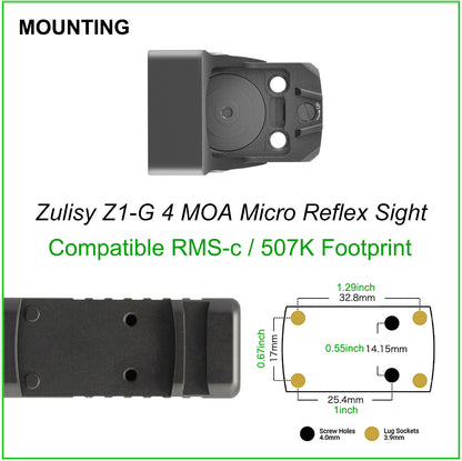 ZULISY Z1-G 4 MOA Micro Green Dot Sight, for RMS RMSc 407K Footprint Compact Pistol Mount, Shake Awake 1x22mm Mini Open Reflex Sight, 1 cliek 1 MOA