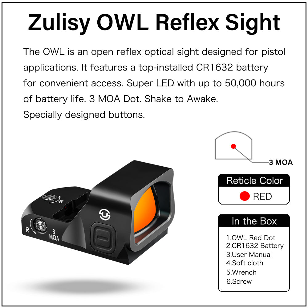 ZULISY OWL Full size Red Dot Reflex Sight Shake to Awake 3 MOA 1x24mm for Viper Doctor Footprint Pistol/Adapter plate Compact Optics with Picatinny Rail M1913 Mount…