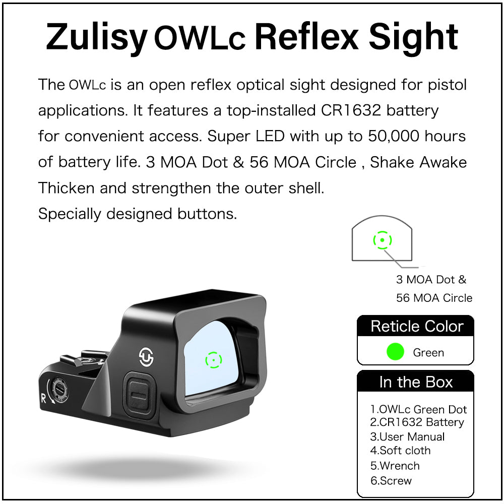 Zulisy OWLc Green Dot Sight 3 MOA Dot & 56 MOA Circle Ring 1x24mm for Viper/Docter/Venom Footprint and Picatinny mount