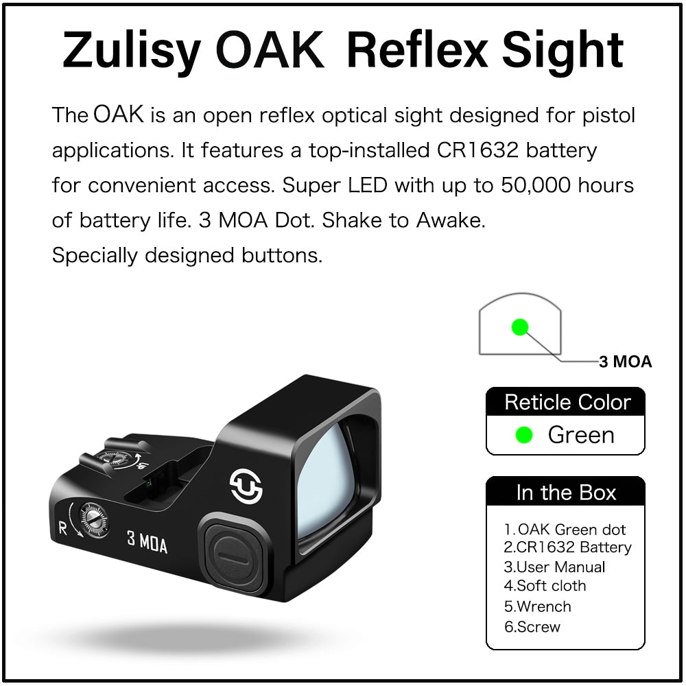 Zulisy OAK Shake to Awake Full size Green Dot Reflex Sight (for RMR SRO Footprint Pistol) 3 MOA 1x24mm Compact Scope with Picatiny Rail M1913 Mount…