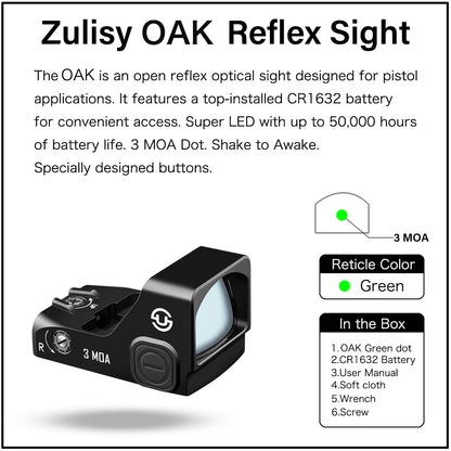 Zulisy OAK Shake to Awake Full size Green Dot Reflex Sight (for RMR SRO Footprint Pistol) 3 MOA 1x24mm Compact Scope with Picatiny Rail M1913 Mount…