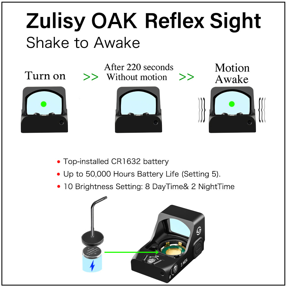 Zulisy OAK Shake to Awake Full size Green Dot Reflex Sight (for RMR SRO Footprint Pistol) 3 MOA 1x24mm Compact Scope with Picatiny Rail M1913 Mount…